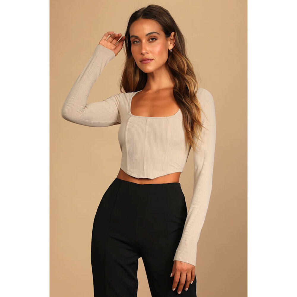 Lulus Flair For The Flirty Beige Ribbed Long Sleeve Bustier Crop Top - Size M